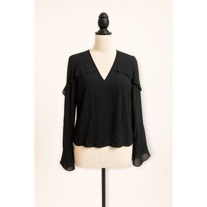 Parker Silk Black Blouse | Ruffled Flowy Sleeves | Lace Back | V-Neck | Size Sma